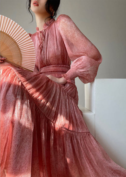 Pink Ruffles Patchwork Lace Up Silk Maxi Dresses Spring