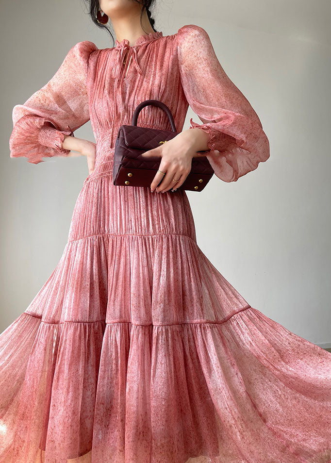 Pink Ruffles Patchwork Lace Up Silk Maxi Dresses Spring