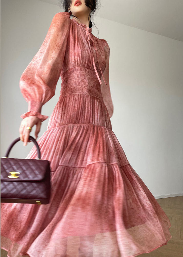 Pink Ruffles Patchwork Lace Up Silk Maxi Dresses Spring