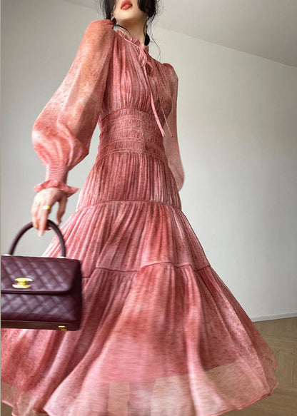 Pink Ruffles Patchwork Lace Up Silk Maxi Dresses Spring