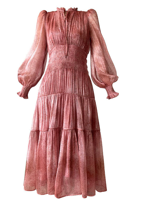 Pink Ruffles Patchwork Lace Up Silk Maxi Dresses Spring