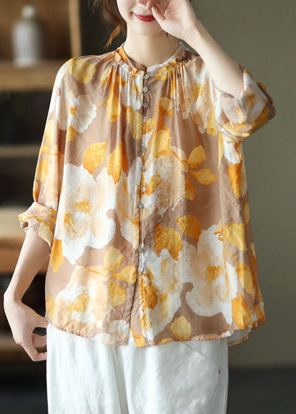 Boho Pink Stand Collar Print Patchwork Cotton Shirt Tops Long Sleeve