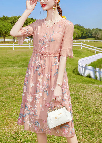 Pink V Neck Embroideried Silk Long Dresses Short Sleeve