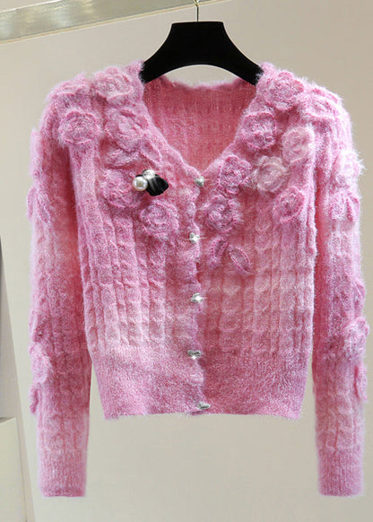 Pink V Neck Zippered Cotton Knit Sweaters Winter