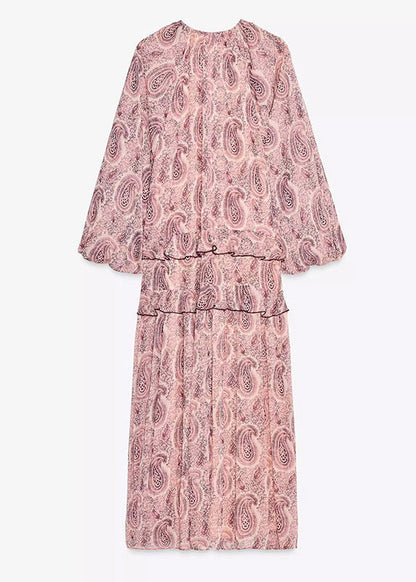 Pink V Neck Print Ruffled Chiffon Dresses Fall