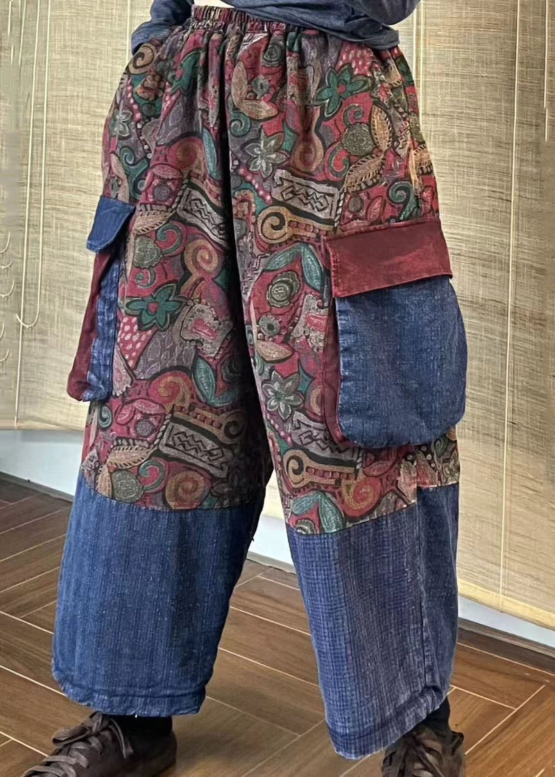 Pockets Print Patchwork Elastic Waist Cotton Crop Pants Spring