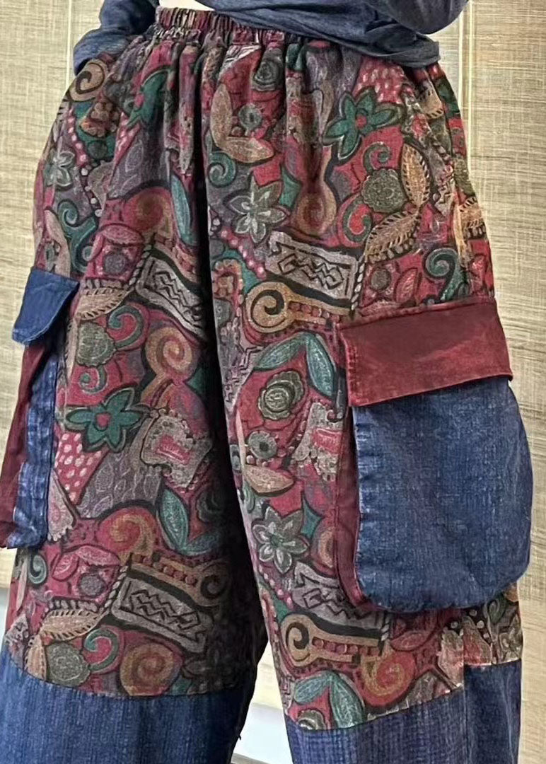 Pockets Print Patchwork Elastic Waist Cotton Crop Pants Spring