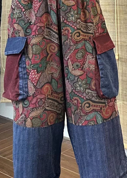 Pockets Print Patchwork Elastic Waist Cotton Crop Pants Spring