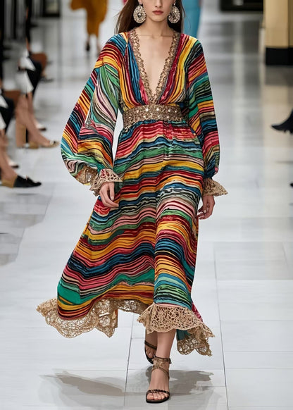 Polychrome Striped Chiffon Long Dress Lantern Sleeve