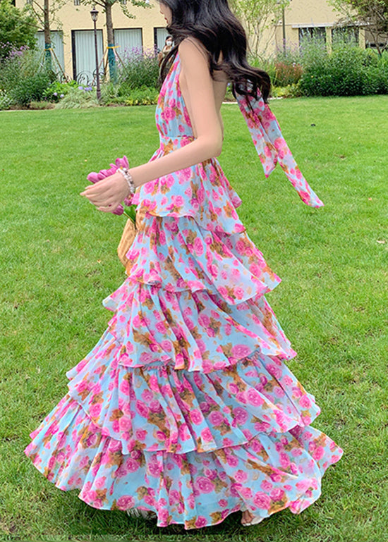 Print Ruffled Halter Backless Beach Dress Summer