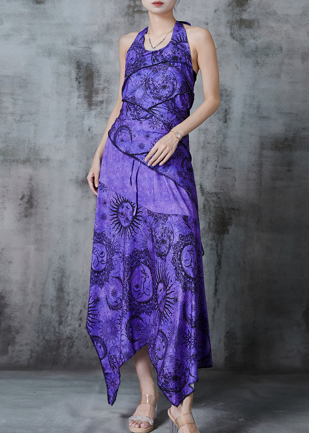 Purple Asymmetrical Print Cotton Halter Dress Summer
