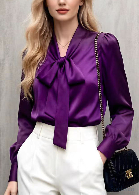 Boho Purple Bow Collar Draping Chiffon Blouses Spring