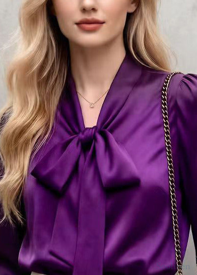 Boho Purple Bow Collar Draping Chiffon Blouses Spring