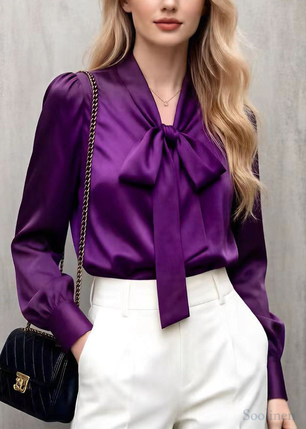 Purple Bow Collar Draping Chiffon Blouses Spring