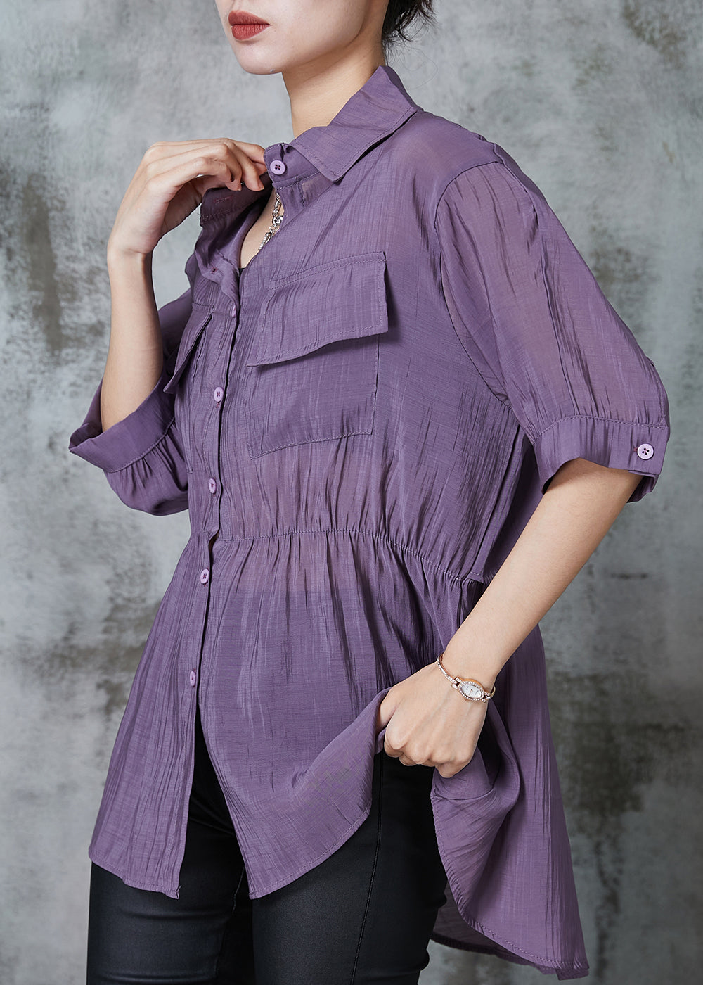 Purple Cinched Pockets Cotton Blouse Tops Summer
