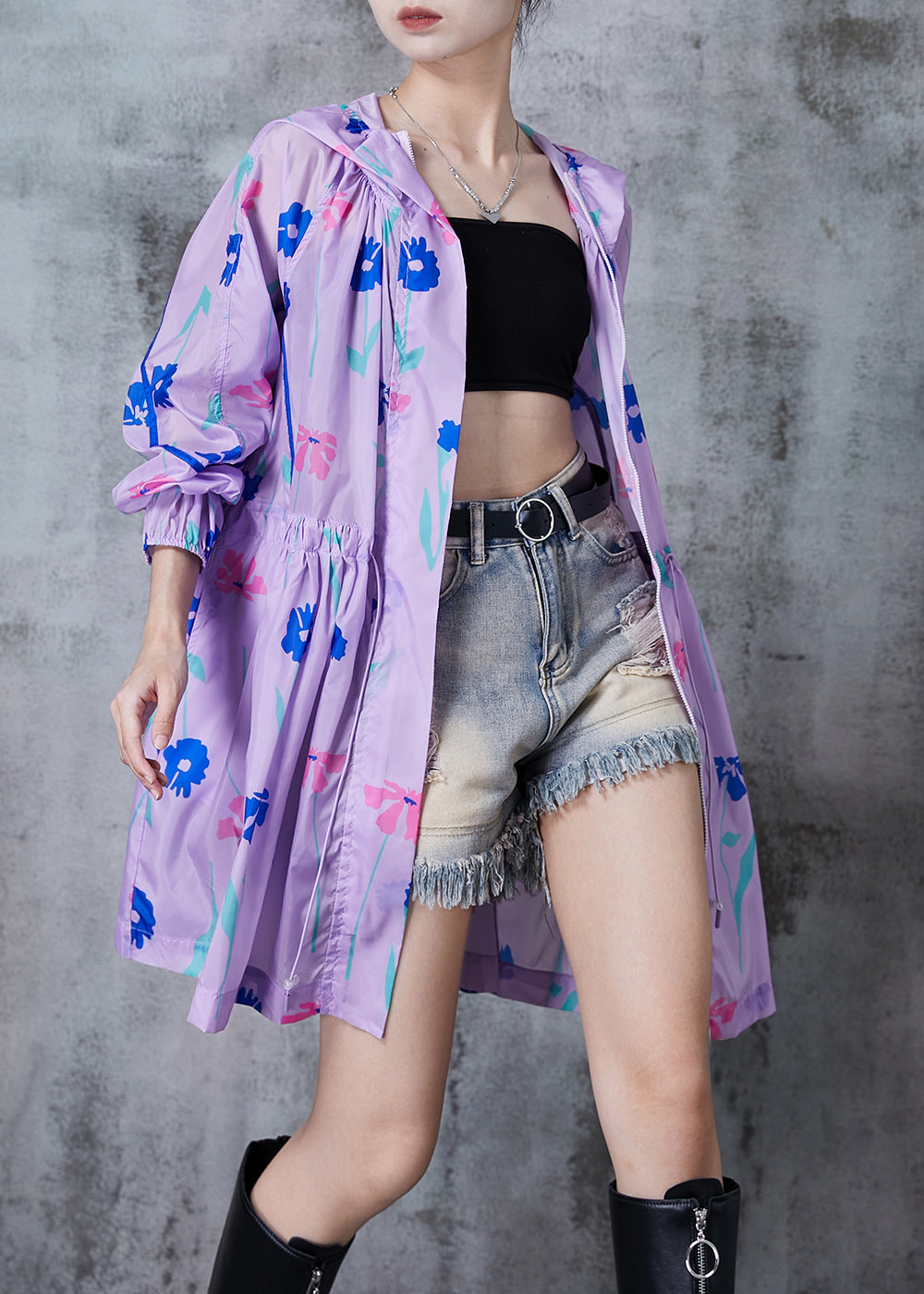 Purple Cinched Print Spandex Hoodie Trench Fall