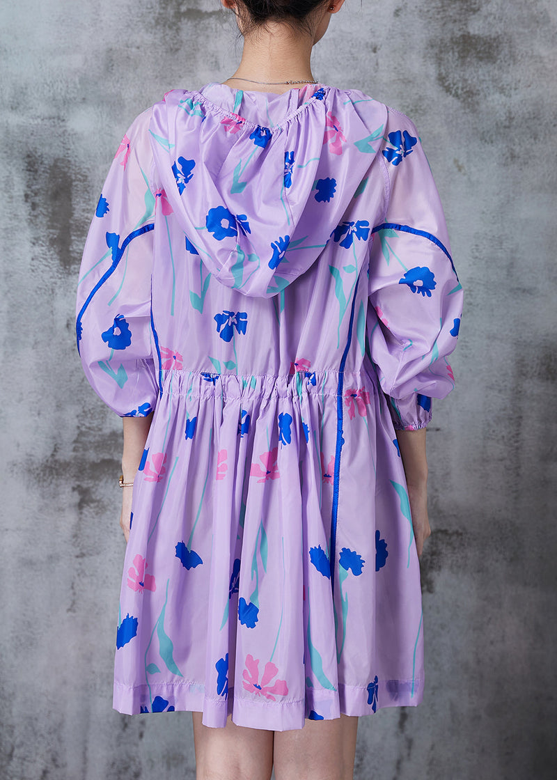 Purple Cinched Print Spandex Hoodie Trench Fall