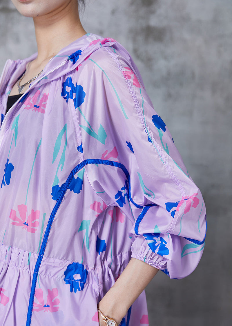 Purple Cinched Print Spandex Hoodie Trench Fall