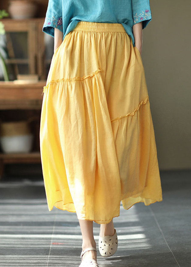 Purple Elastic Waist Asymmetrical Ruffled Pockets Linen Skirt Summer