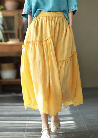 Purple Elastic Waist Asymmetrical Ruffled Pockets Linen Skirt Summer