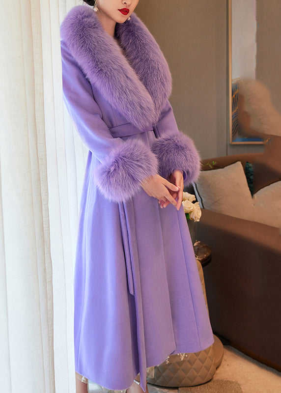 Purple Fur Collar Pockets Tie Waist Wool Maxi Coats Spring