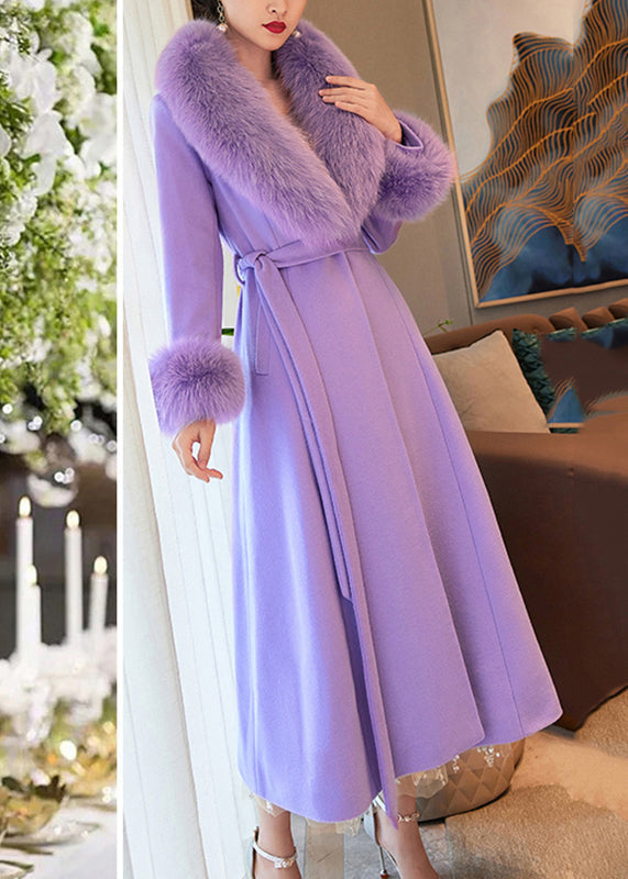 Purple Fur Collar Pockets Tie Waist Wool Maxi Coats Spring