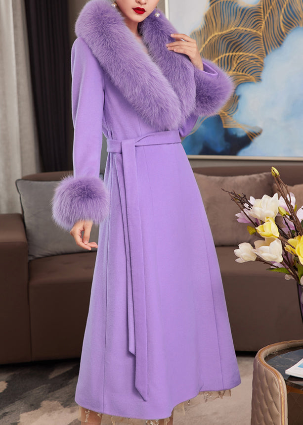 Purple Fur Collar Pockets Tie Waist Wool Maxi Coats Spring