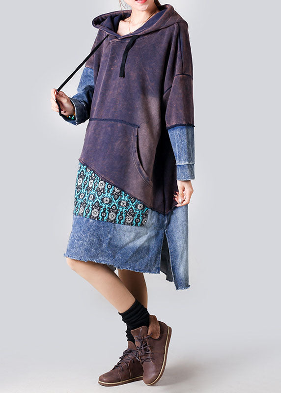 Purple Hooded Denim Patchwork Cotton Dress Spring