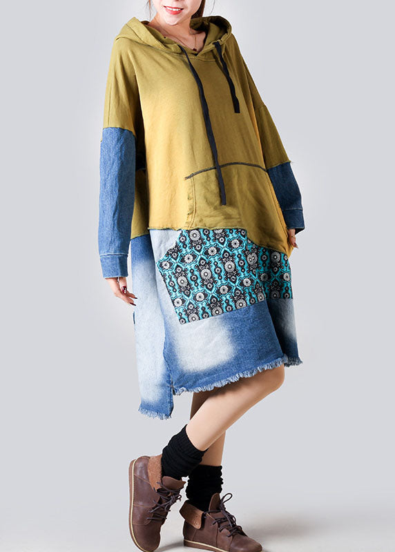 Purple Hooded Denim Patchwork Cotton Dress Spring