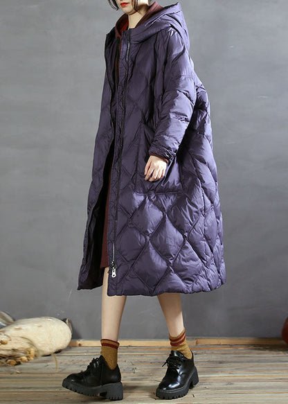 Purple Hooded Pockets Duck Down Down Coats Winter