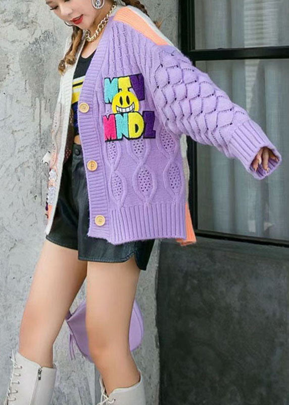Purple Loose Patchwork Fall Coat Sweater