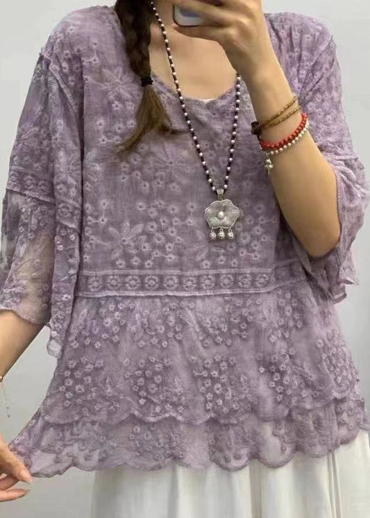 Purple O Neck Embroideried Lace Blouses Bracelet Sleeve