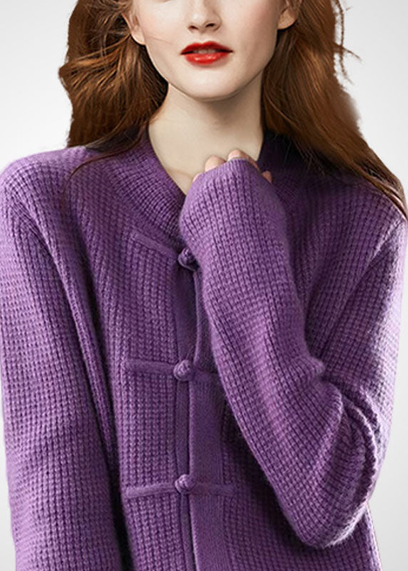 Purple O-neck Oriental Button Wool Knit Cardigans Winter