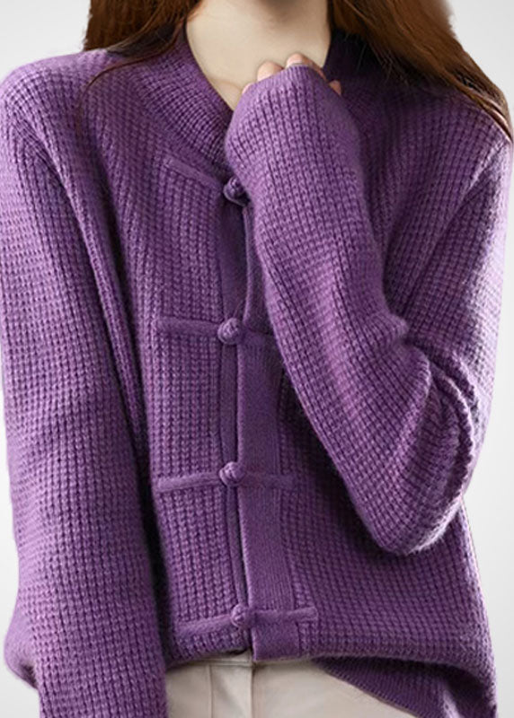 Purple O-neck Oriental Button Wool Knit Cardigans Winter
