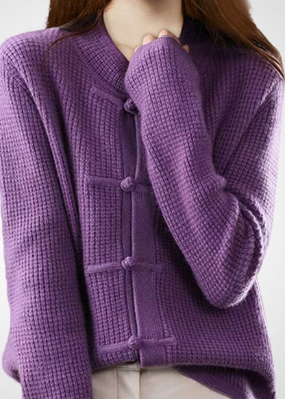 Purple O-neck Oriental Button Wool Knit Cardigans Winter