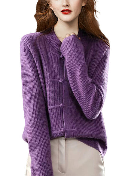 Purple O-neck Oriental Button Wool Knit Cardigans Winter
