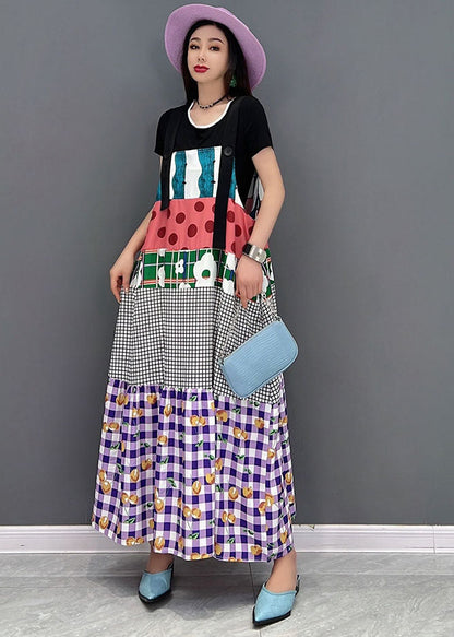 Purple O-neck Patchwork Print Cotton Strap Long Dresses Short Sleeve