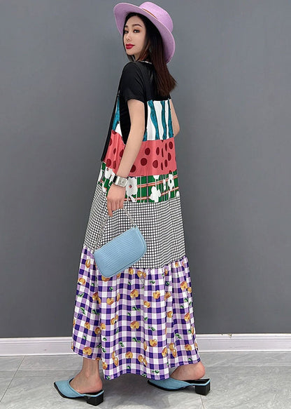 Purple O-neck Patchwork Print Cotton Strap Long Dresses Short Sleeve