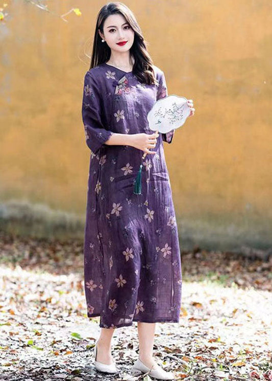 Purple O Neck Print Button Patchwork Linen Long Dress Summer