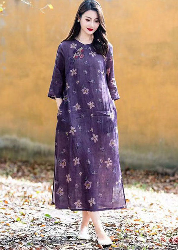 Purple O Neck Print Button Patchwork Linen Long Dress Summer