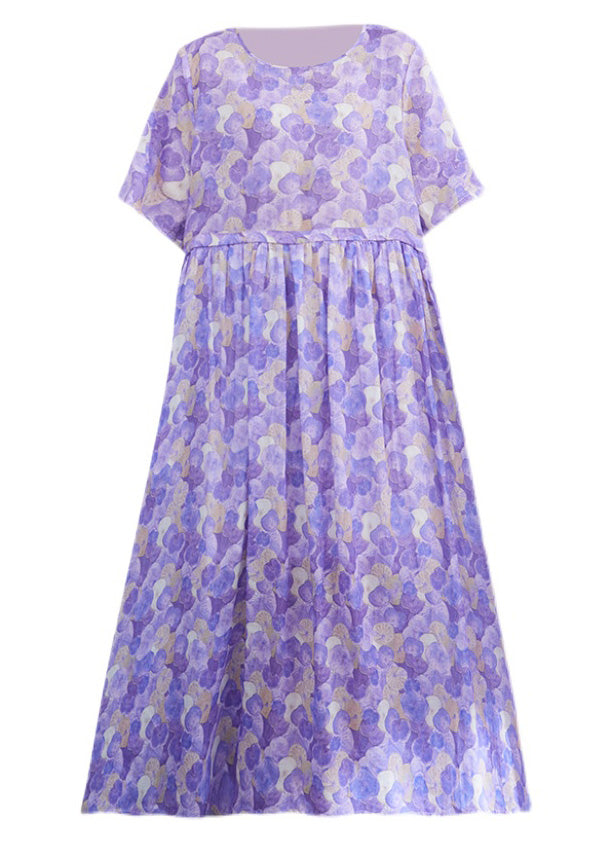 Purple O-neck Print Patchwork Cotton Long Dress Short Sleeve