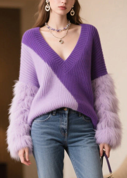 Purple Oversized Patchwork Faux Fur Sweaters Winter