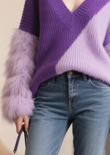 Purple Oversized Patchwork Faux Fur Sweaters Winter