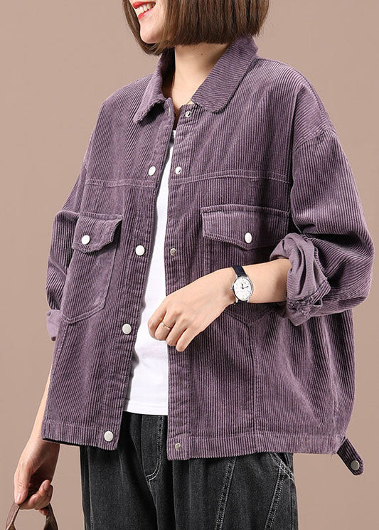 Purple Peter Pan Collar Pockets Button Fall Coat Long Sleeve