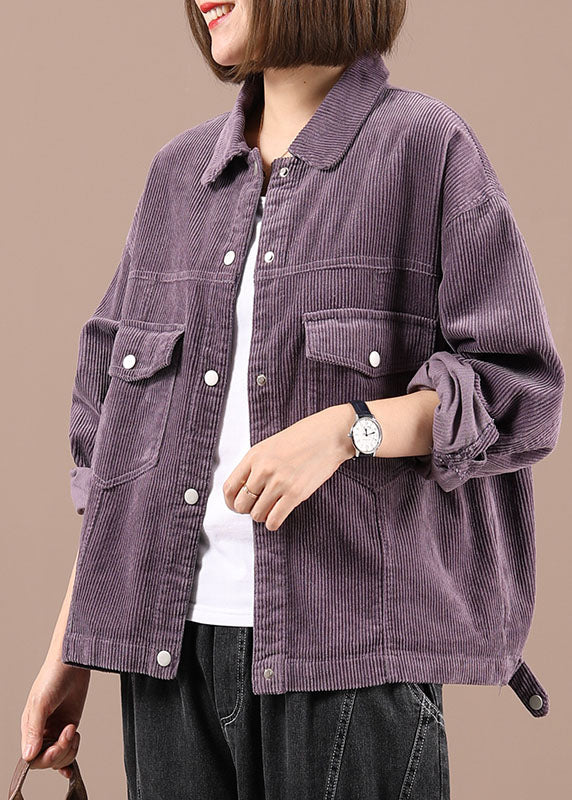 Purple Peter Pan Collar Pockets Button Fall Coat Long Sleeve
