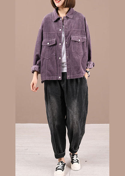 Purple Peter Pan Collar Pockets Button Fall Coat Long Sleeve