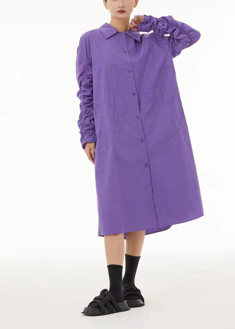 Purple Peter Pan Collar Wrinkled Cotton Long Dress Spring