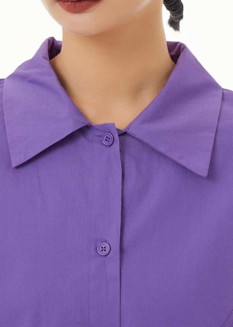 Purple Peter Pan Collar Wrinkled Cotton Long Dress Spring