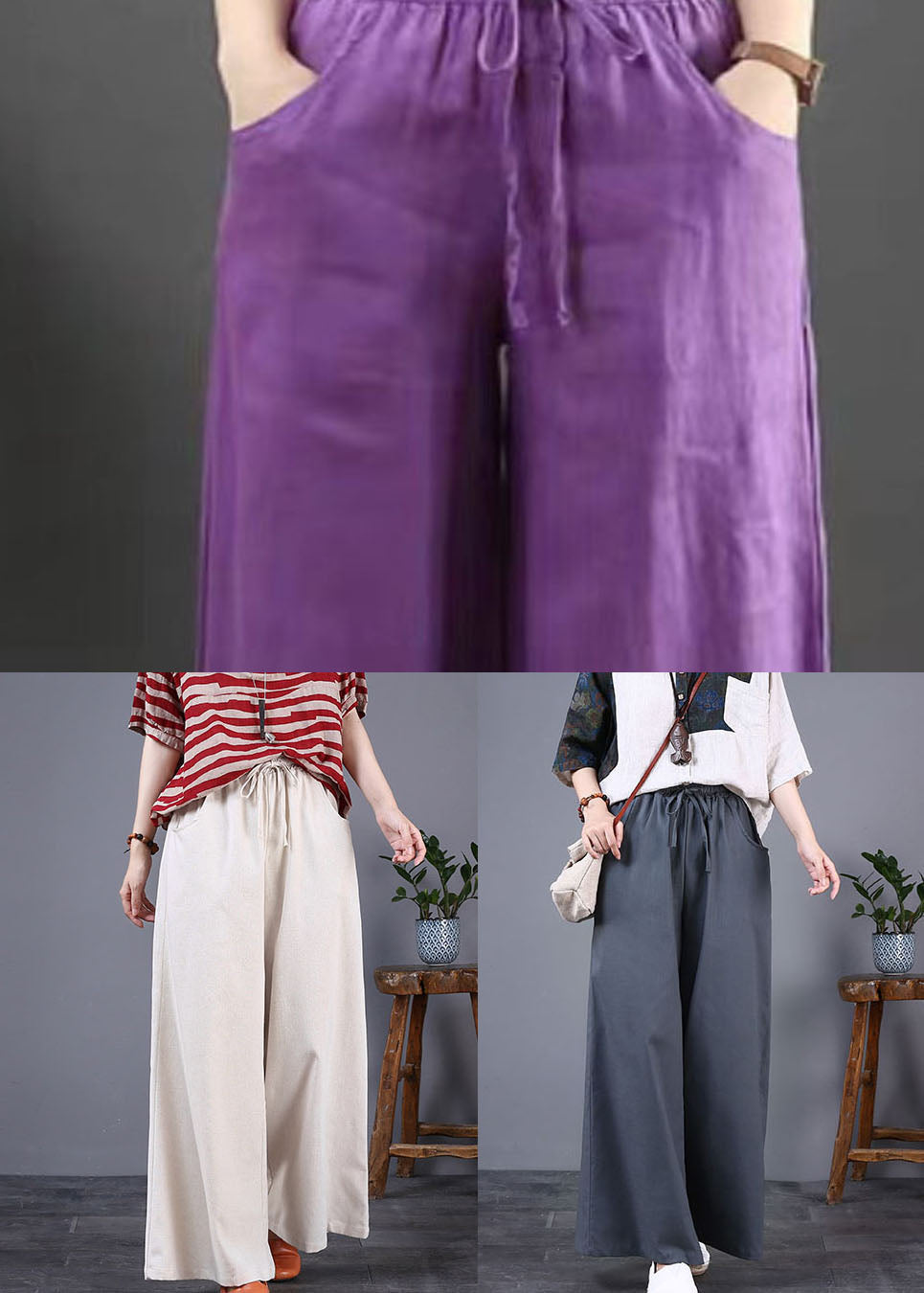 Purple Pockets Elastic Waist Cotton Wide Leg Pants Summer