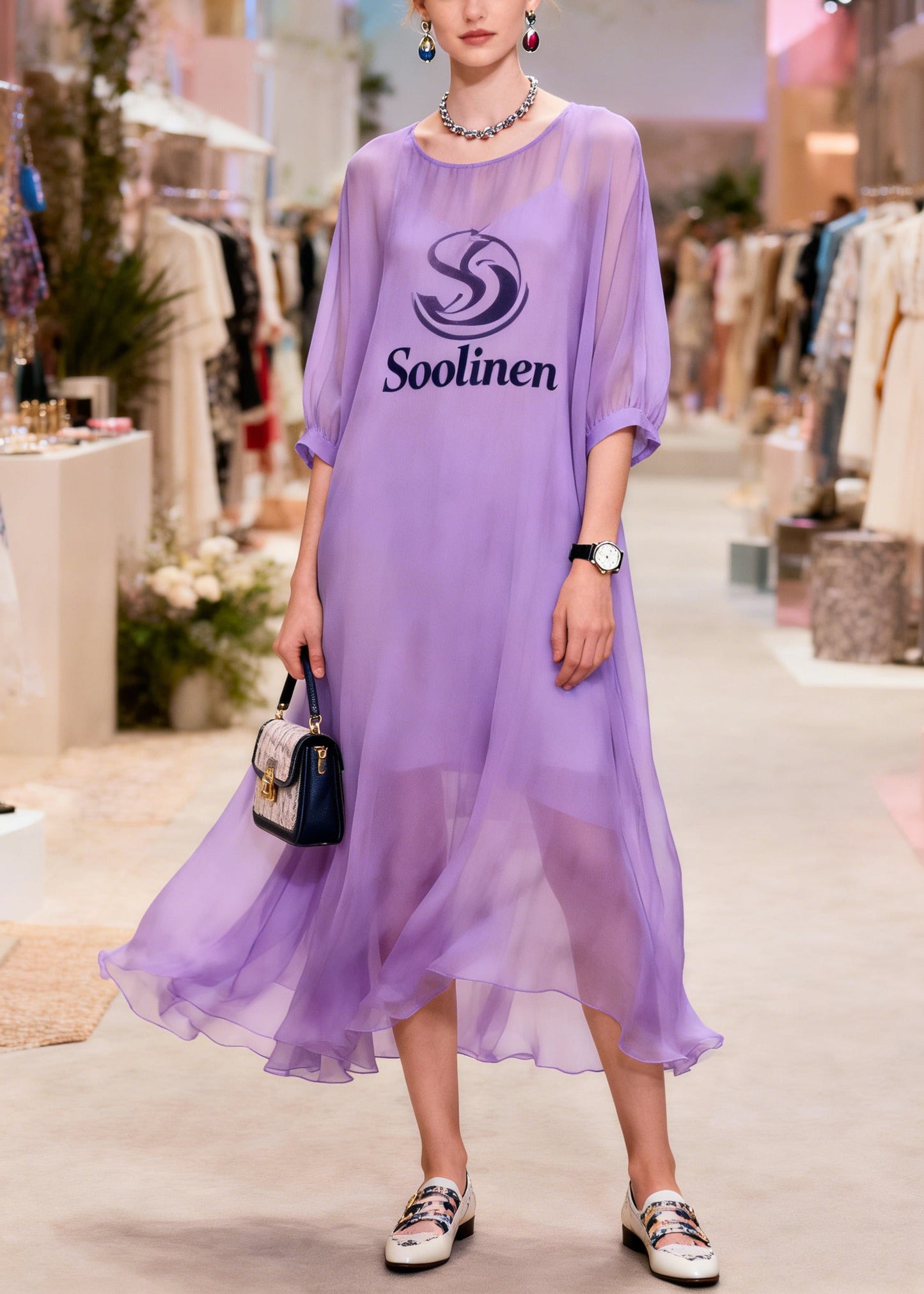 Purple Print Draping Chiffon Long Dresses Summer